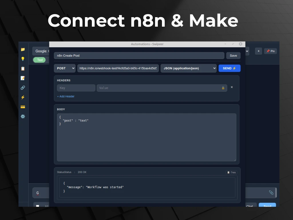 Swipeer webhook integration: Connecting AI outputs to n8n and Make.com automation workflows